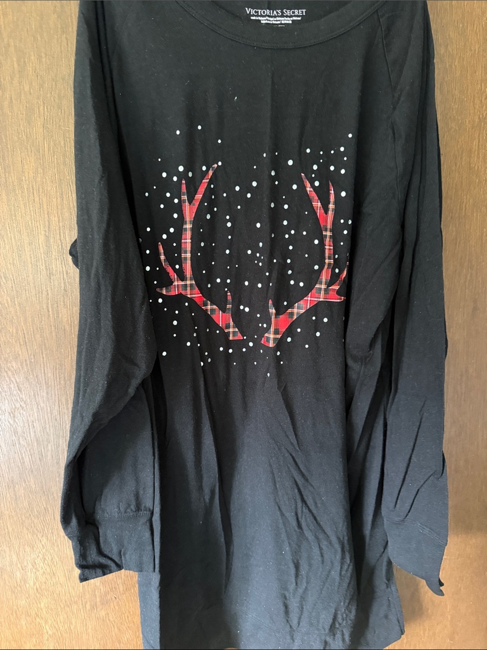 Victoria's Secret Black Long Sleeve Tee with Red Plaid Antler Graphic